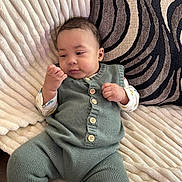 Sebastian Avila Moya is registered to the contest to win money with this photo: baby, child, comfortable, couch, cozy, curious, fabric, green_outfit, hand, home, indoor, infant, knitted_clothing, pattern, person, pillow, plush, portrait, relaxed, seated