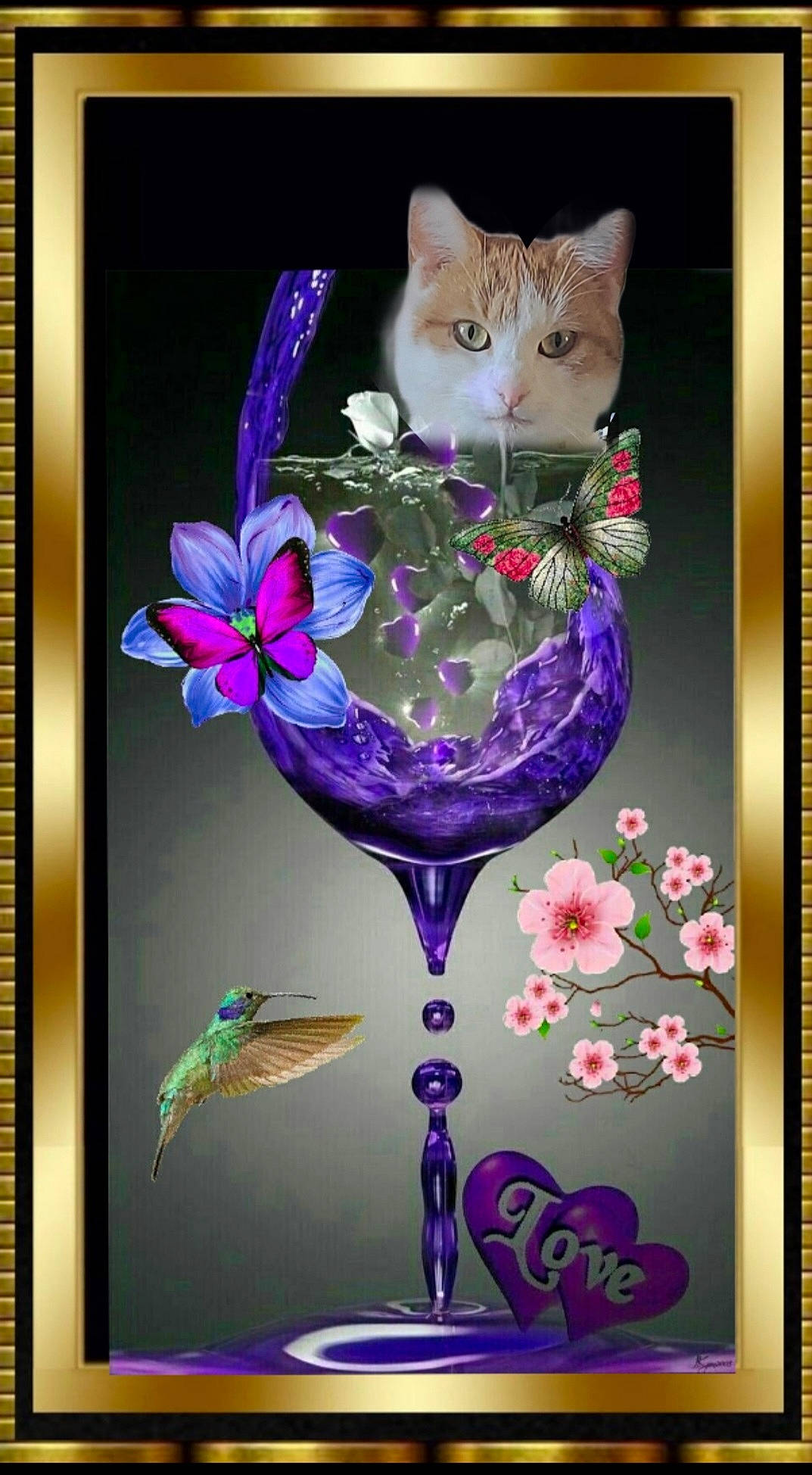 Nénette a rejoint le concours — aidez-le/la à gagner de superbes lots ! art, blue, carnivore, cat, dishware, drinkware, felidae, flower, magenta, petal, picture_frame, pink, plant, purple, rectangle, serveware, stemware, tableware, textile, violet