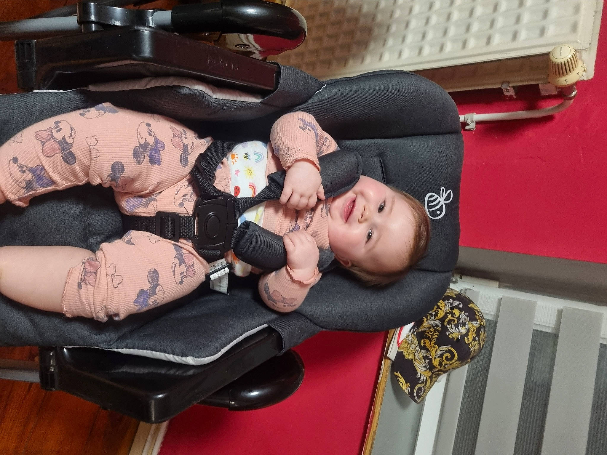 Myla participe au concours pour gagner de l'argent avec cette photo : auto_part, baby, baby_carriage, baby_products, chair, chest, child, comfort, eyewear, fashion_accessory, hand, helmet, human_body, human_leg, joy, lap, leg, person, personal_protective_equipment, sitting