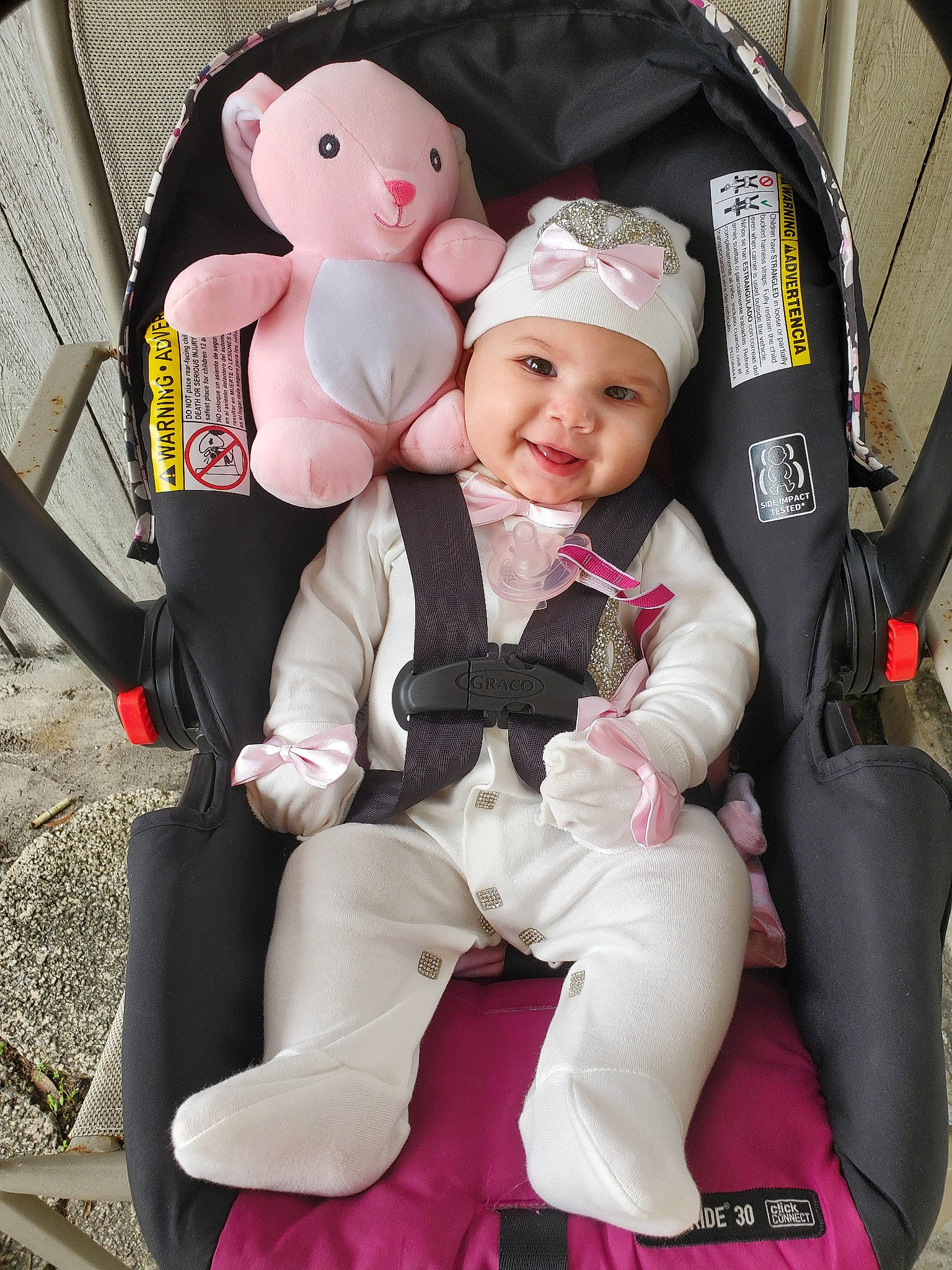 Valentina is registered to the contest to win money with this photo: auto_part, baby, baby_carriage, baby_carrier, baby_in_car_seat, baby_products, car_seat, car_seat_cover, child, daughter, headwear, person, pink, product, seat_belt, toddler