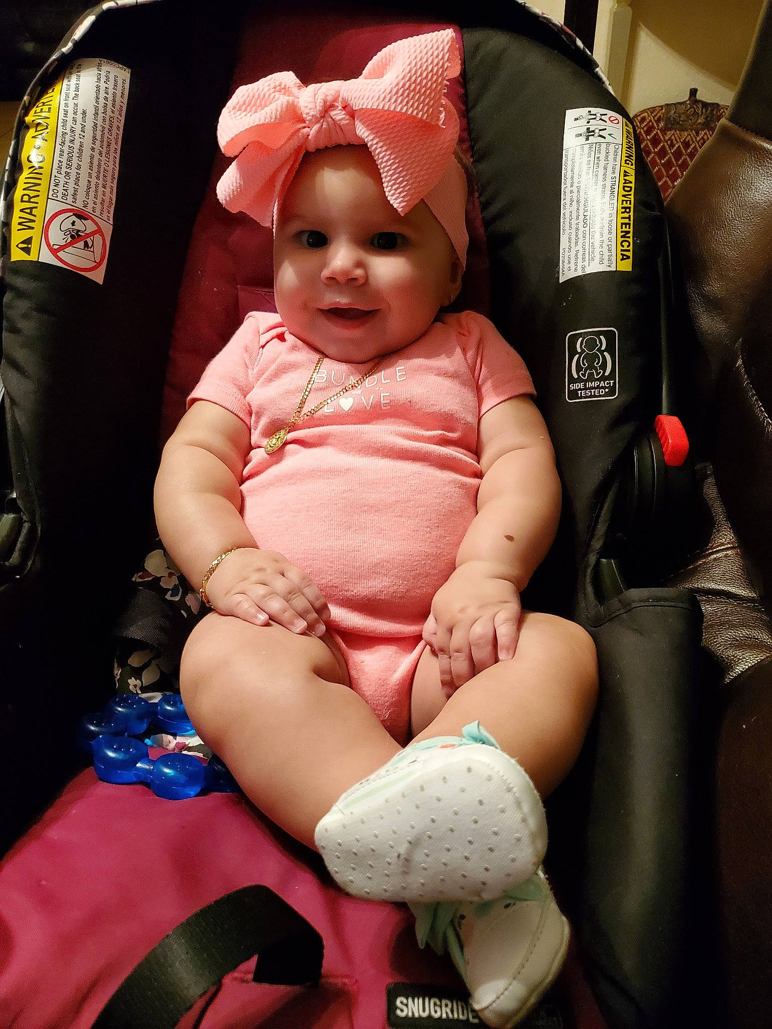 Valentina joined the competition — help win amazing prizes! abdomen, baby, baby_carriage, baby_in_car_seat, baby_products, car_seat, cheek, child, daughter, ear, eye, happy, person, photography, pink, product, sitting, skin, smile, toddler