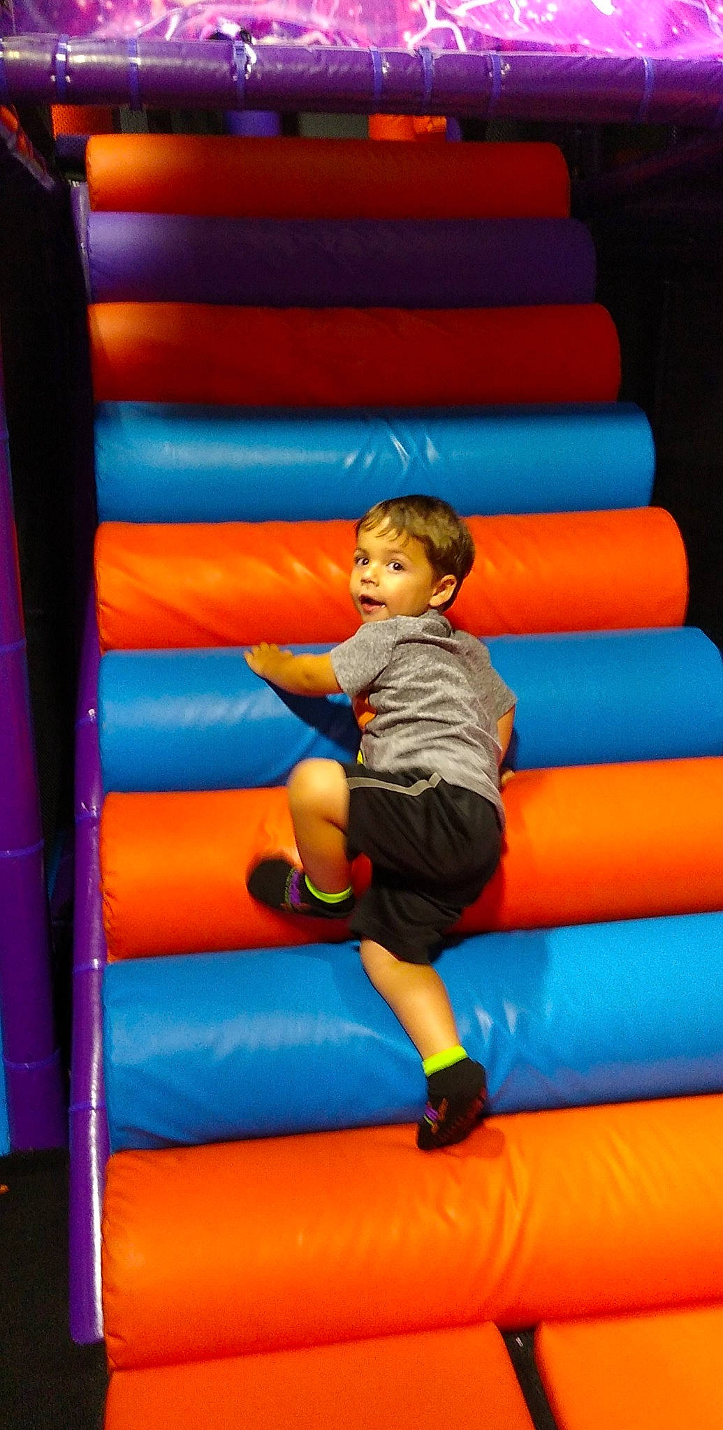 Landon is registered to the contest to win money with this photo: blue, bounce_house, child, fun, games, inflatable, leisure, person, play, recreation, smile, toddler