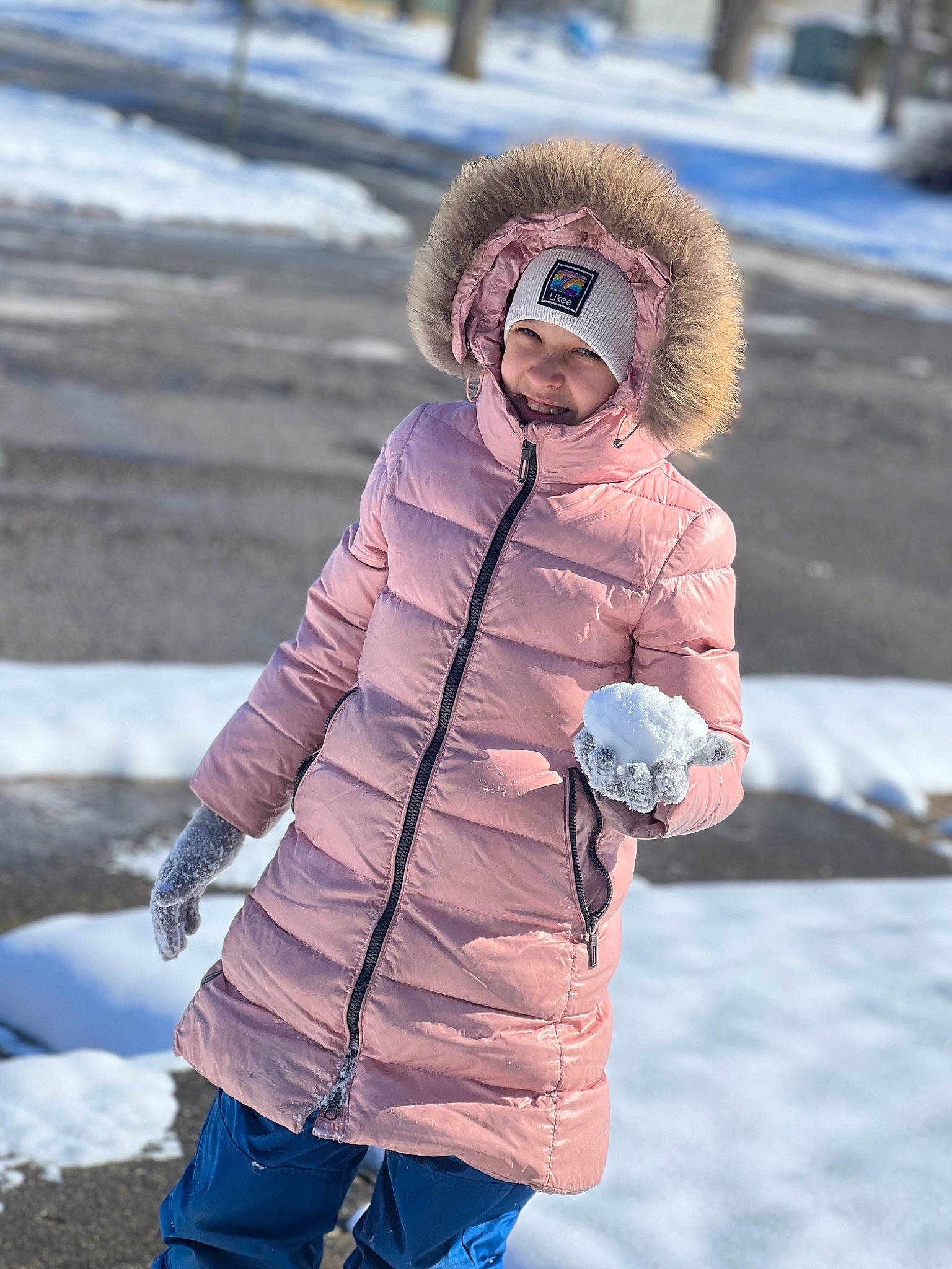 Veronika joined the competition — help win amazing prizes! blond, child, electric_blue, eyewear, freezing, fun, fur, fur_clothing, gesture, glove, happy, headgear, headwear, joy, leisure, parka, person, playing_in_the_snow, recreation, sleeve
