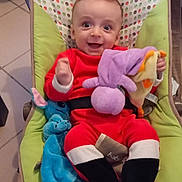 Eden participe au concours pour gagner de l'argent avec cette photo : baby, baby_rocker, blanket, child, colorful, comfort, cute, floor_tiles, happy, indoor, infant, playful, plush_toy, portrait, red_clothing, seated, smiling, soft_toy, toddler, young_child