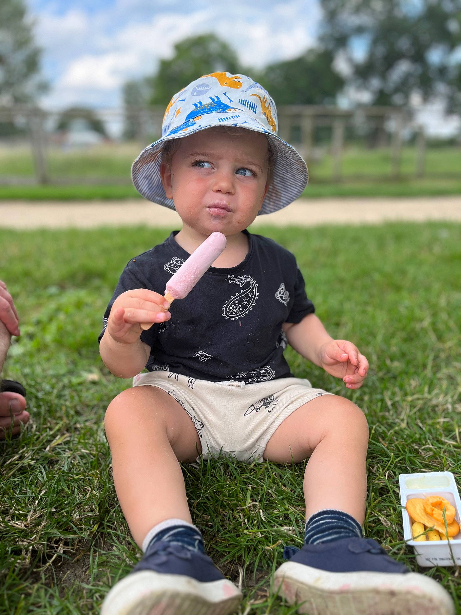 Billy joined the competition — help win amazing prizes! baby, baby_toddler_clothing, cap, child, cloud, fun, grass, grassland, happy, hat, headwear, leisure, people_in_nature, person, recreation, shoe, sitting, sky, sleeve, sun_hat