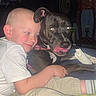 Daisy May is registered to the contest to win money with this photo: boy, child, dog, black_dog, white_patch, hug, smile, tongue_out, indoor, bed, blanket, casual_clothing, short_hair, playful, pet, happy, closeup, friendship, candid, cute