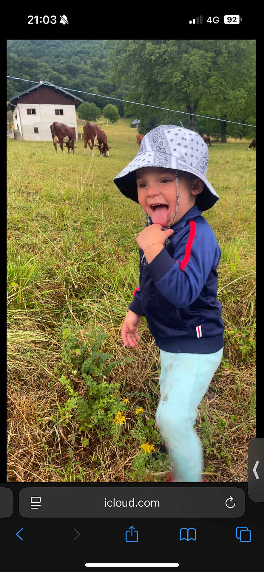 Flavio participe au concours pour gagner de l'argent avec cette photo : toddler, child, bucket_hat, blue_jacket, grass, field, cows, house, trees, nature, playful, outdoor, tongue_out, happy, pants, muddy_clothes, daytime, person, smiling, rural