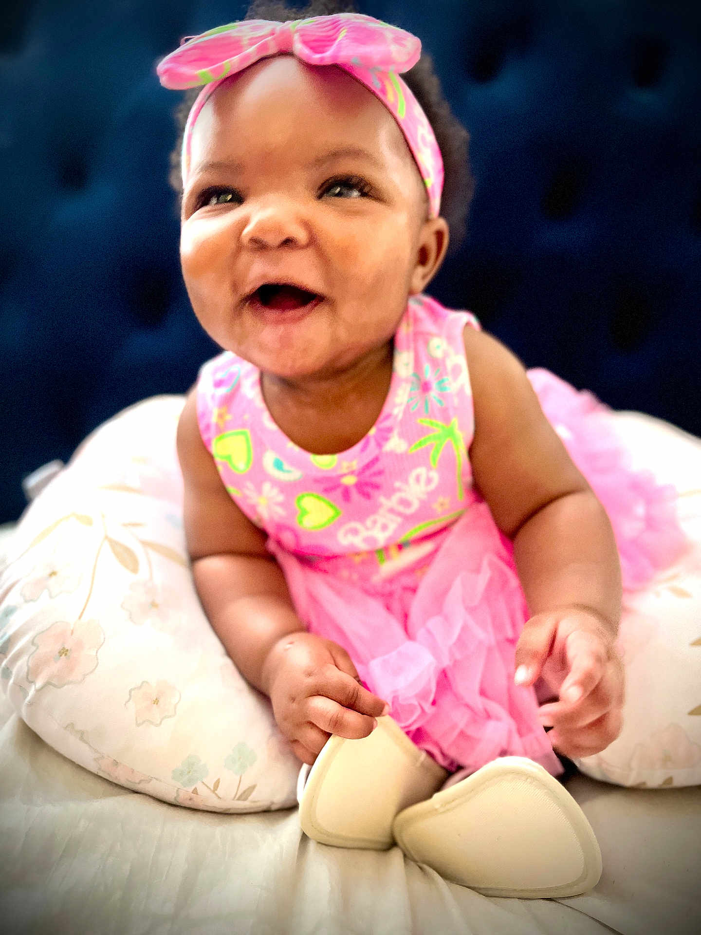Za'Karriyah joined the competition — help win amazing prizes! baby, girl, smiling, pink, headband, dress, pillow, cushion, happy, infant, child, cute, portrait, indoors, soft, clothing, skin, person, sitting, toddler