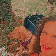 Gotti joined the competition — help win amazing prizes! woman, dog, outdoor, tree, grass, blanket, harness, smile, selfie, nature, leash, person, pet, sunlight, casual, relaxed, animal, greenery, sitting, portrait