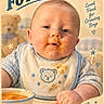 Malachi joined the competition — help win amazing prizes! baby, infant, child, face, portrait, smiling, high_chair, bib, food, puree, bowl, mealtime, eating, messy_face, teddy_bear, blue_clothing, indoor, vintage_style, stars, nursery