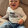 Gabin participe au concours pour gagner de l'argent avec cette photo : baby, casual_clothing, child, couch, cozy, cute, face, hair, happy, indoor, jeans, light_skin, portrait, relaxed, sitting, smiling, striped_socks, toddler, white_shirt, young_child
