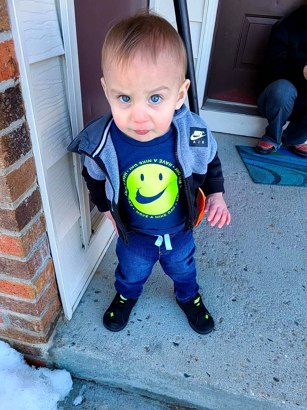 Kyler joined the competition — help win amazing prizes! baby, baby_products, baby_toddler_clothing, cheek, child, cool, electric_blue, eye, floor, flooring, happy, jeans, leg, pattern, person, play, sitting, sleeve, snow, t_shirt