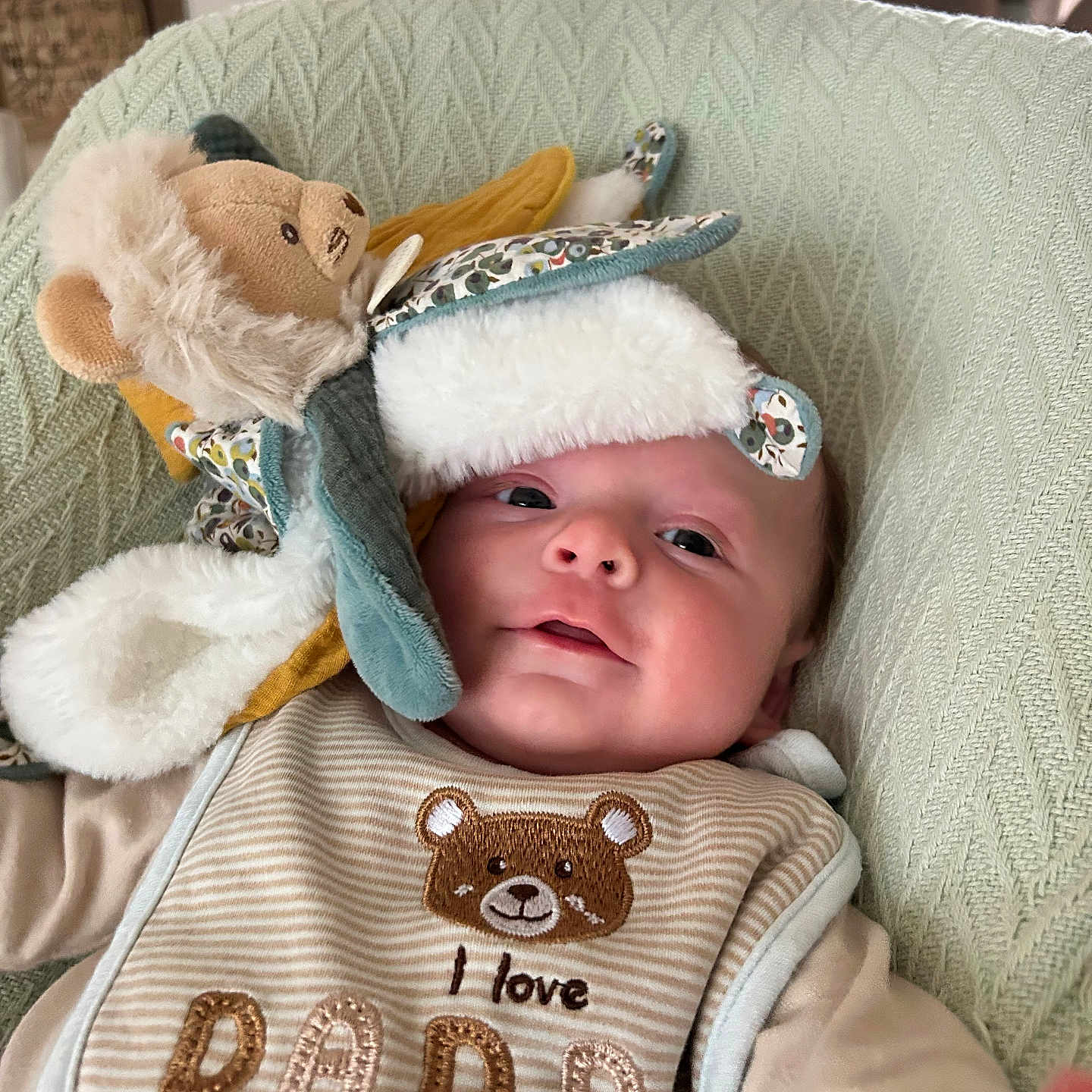 Arthur participe au concours pour gagner de l'argent avec cette photo : baby, bib, child, closeup, clothing, comfort, cushion, cute, fabric, face, head, indoor, infant, person, plush_toy, portrait, seated, smile, soft_toy, texture