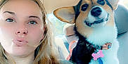 Ruby joined the competition — help win amazing prizes! woman, dog, corgi, car, seat, collar, tag, blonde_hair, long_hair, sunglasses, pout, pet, indoor, casual, portrait, cute, happy, animal, companion, travel