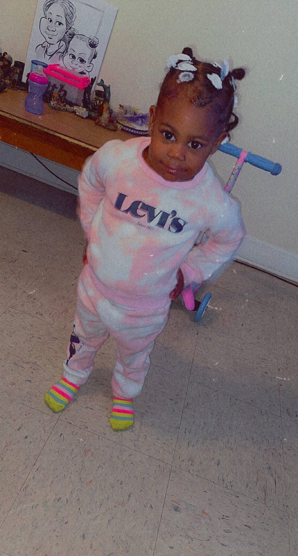 Nakayla joined the competition — help win amazing prizes! baby, baby_toddler_clothing, bench, chair, cheek, child, eyewear, face, flooring, fun, happy, magenta, pajamas, person, personal_protective_equipment, pink, sleeve, sock, t_shirt, toddler