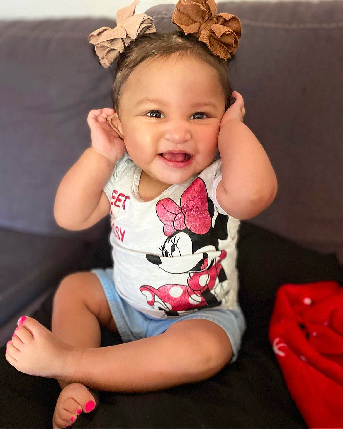 Alaya joined the competition — help win amazing prizes! arm, baby, baby_toddler_clothing, cheek, chin, comfort, eye, face, facial_expression, finger, happy, head, neck, pattern, person, pink, skin, sleeve, smile, thigh