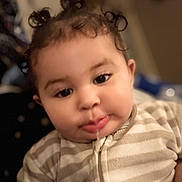 Izabella joined the competition — help win amazing prizes! baby, child, curly_hair, drool, striped_clothing, onesie, close_up, indoor, cute, face, infant, portrait, young_child, human, expression, childhood, soft_lighting, casual, person, adorable