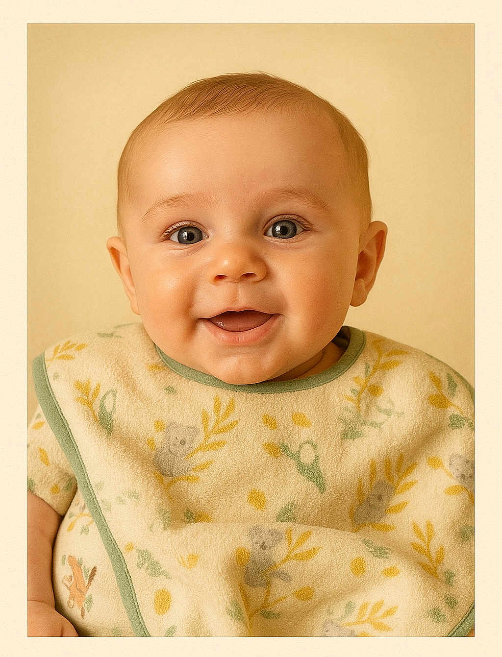 Milan a rejoint le concours — aidez-le/la à gagner de superbes lots ! baby, infant, smile, face, eyes, bib, clothing, portrait, child, cute, happy, skin, head, expression, closeup, young, adorable, person, background, warm