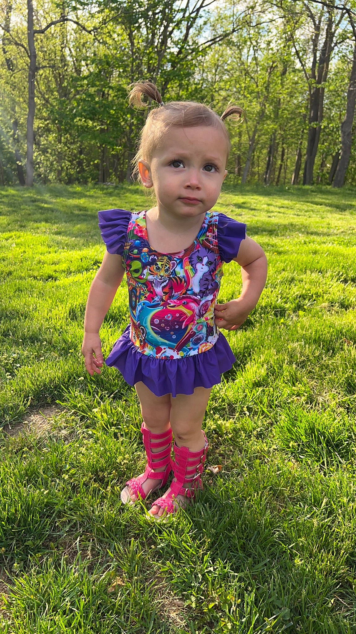 Luciana Avalene is registered to the contest to win money with this photo: baby, baby_toddler_clothing, child, electric_blue, grass, grass_family, grassland, green, groundcover, happy, human_body, leaf, magenta, meadow, people_in_nature, person, plant, recreation, summer, toddler