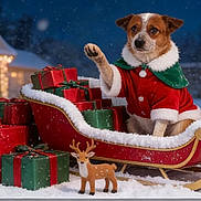 Kona joined the competition — help win amazing prizes! dog, christmas, sleigh, presents, snow, holiday, festive, christmas_tree, decorations, winter, gift_boxes, red_clothing, green_clothing, animal, outdoor, night, lights, reindeer_toy, celebration, cute