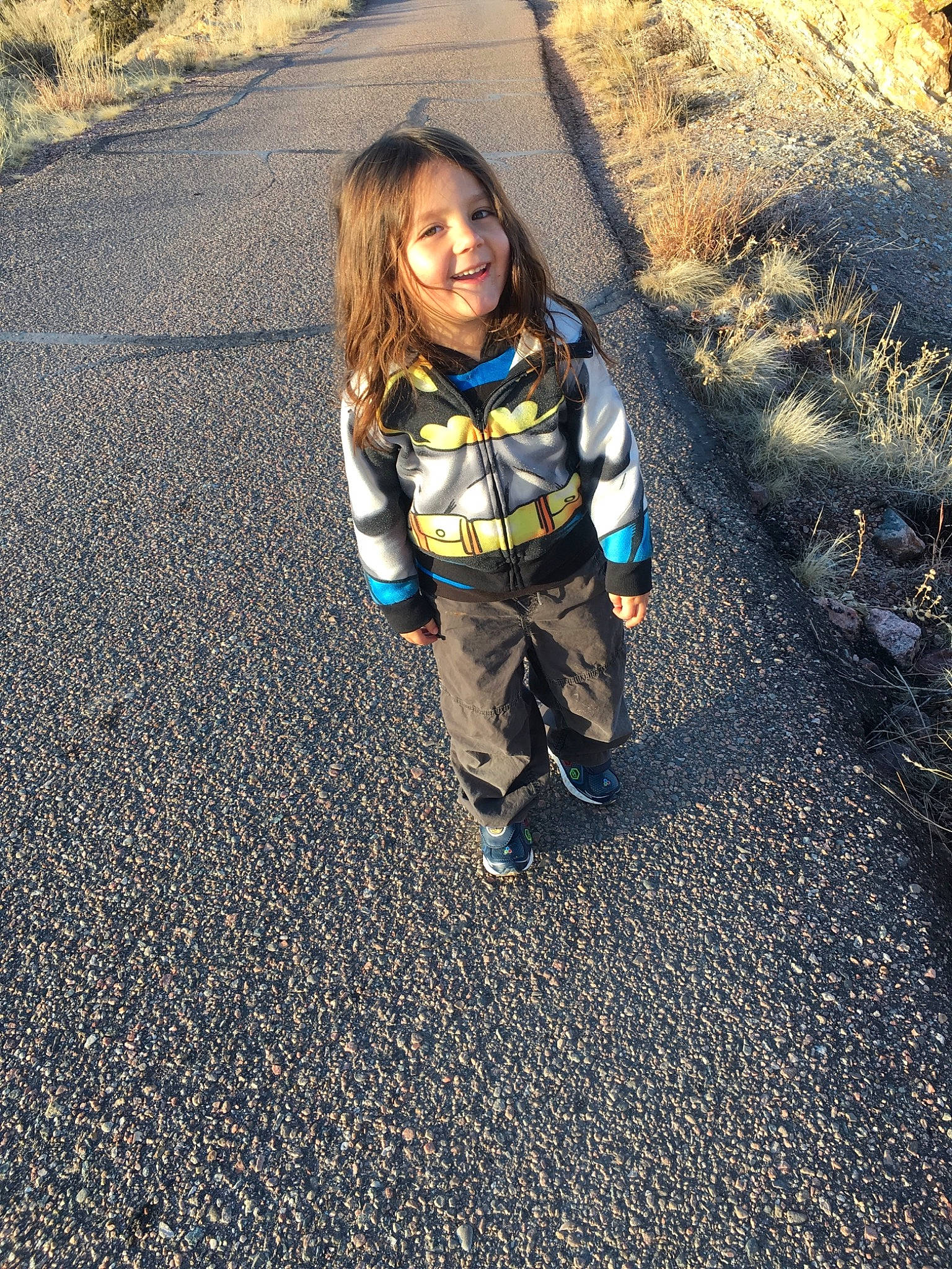 Raiden is registered to the contest to win money with this photo: asphalt, child, cool, fun, grass, happy, jeans, joy, leaf, mountain, person, play, road_surface, shadow, sky, smile, soil, toddler, tree, vacation