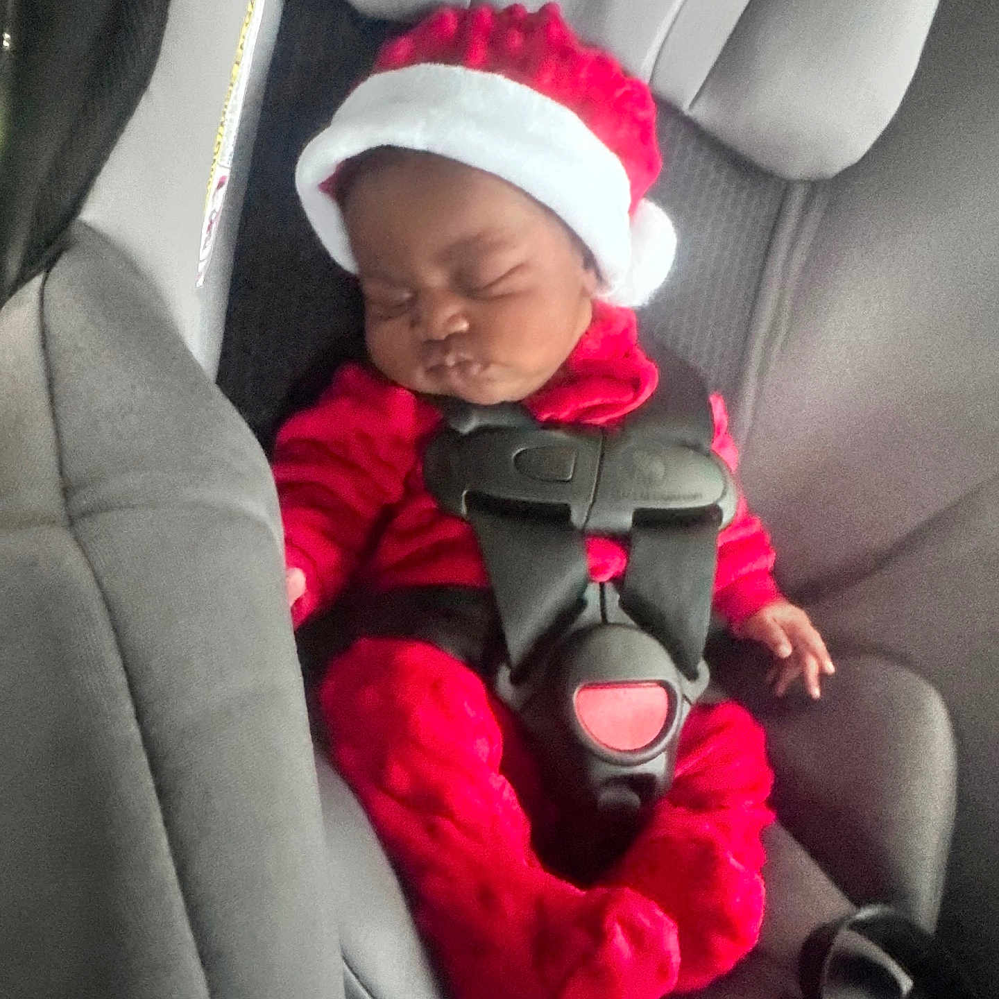 Paris joined the competition — help win amazing prizes! baby, baby_clothes, car_interior, car_seat, child, christmas, cute, festive, fuzzy, holiday, indoors, infant, person, red_clothing, safety, santa_hat, seat, seatbelt, sleeping, young_child
