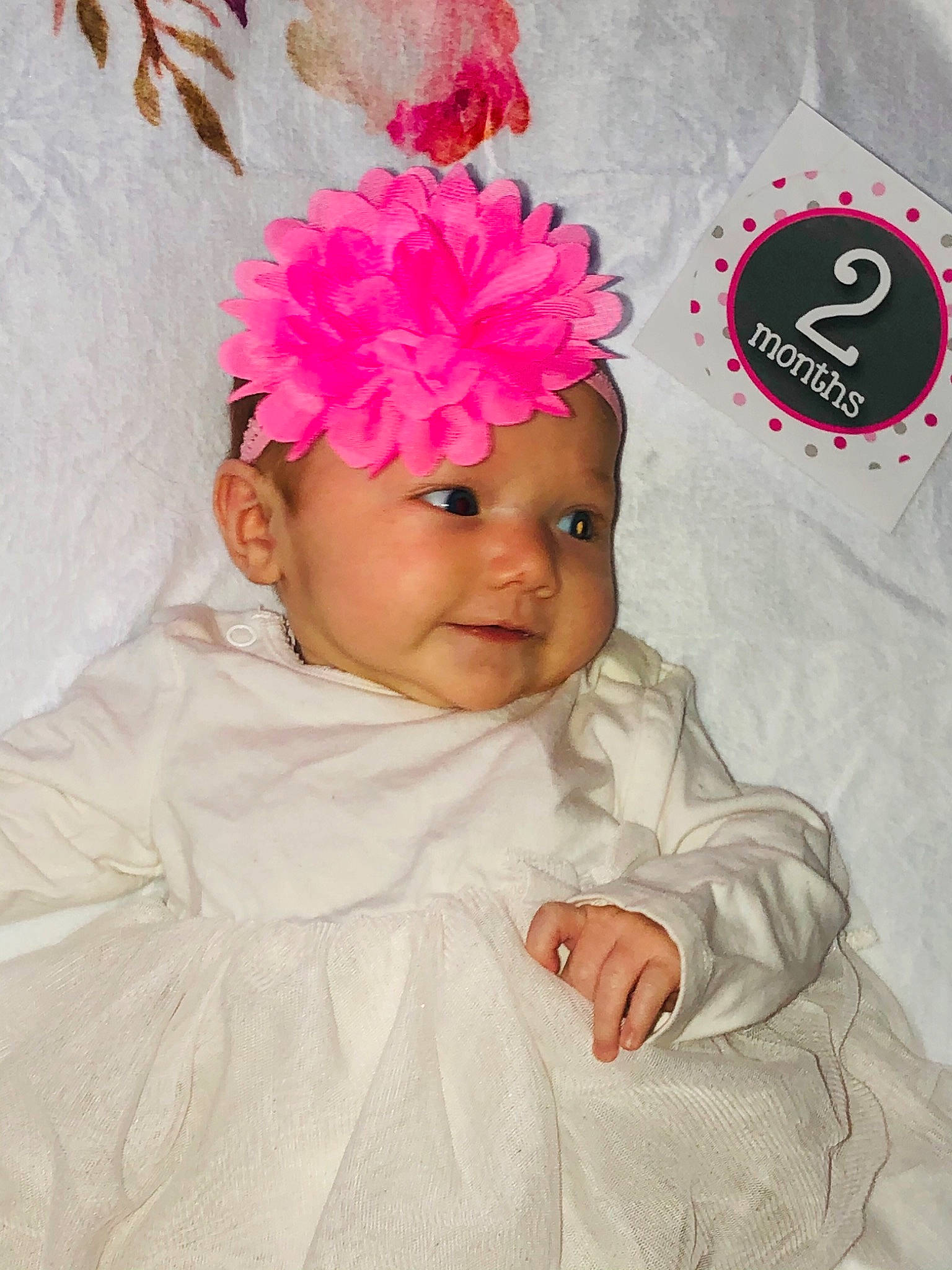 Kensleigh is registered to the contest to win money with this photo: baby, baby_toddler_clothing, child, costume_hat, cut_flowers, flower, hair_accessory, hairstyle, head, headband, headpiece, headwear, linens, magenta, person, petal, pink, plant, skin, sleeve