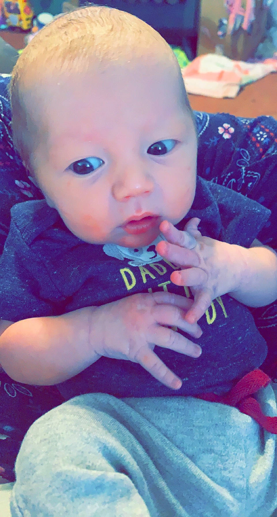 Carter is registered to the contest to win money with this photo: azure, baby, baby_toddler_clothing, blue, cheek, cool, ear, finger, flash_photography, gesture, hand, happy, iris, lip, mouth, nose, person, purple, skin, toddler