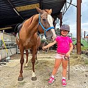 élysée a rejoint le concours — aidez-le/la à gagner de superbes lots ! child, horse, animal, helmet, pink_shirt, shorts, reins, farm, outdoor, smiling, dirt_ground, metal_shelter, grass, sky, casual_clothing, footwear, rope, sunlight, young_person, pet