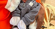 Zakkai is registered to the contest to win money with this photo: baby, blanket, chair, clothing, cozy, gray_jacket, hand, hood, indoor, infant, orange_sweatshirt, peaceful, person, sleeping, sunlight, toddler, warm, white_hat, white_mittens, wood_floor