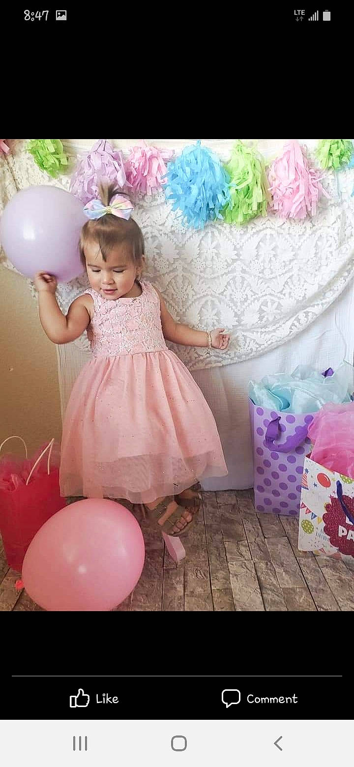 Alyvian is registered to the contest to win money with this photo: aqua, baby, baby_toddler_clothing, balloon, child, dress, event, flash_photography, fun, happy, magenta, party, party_supply, pattern, peach, person, pink, purple, room, sitting