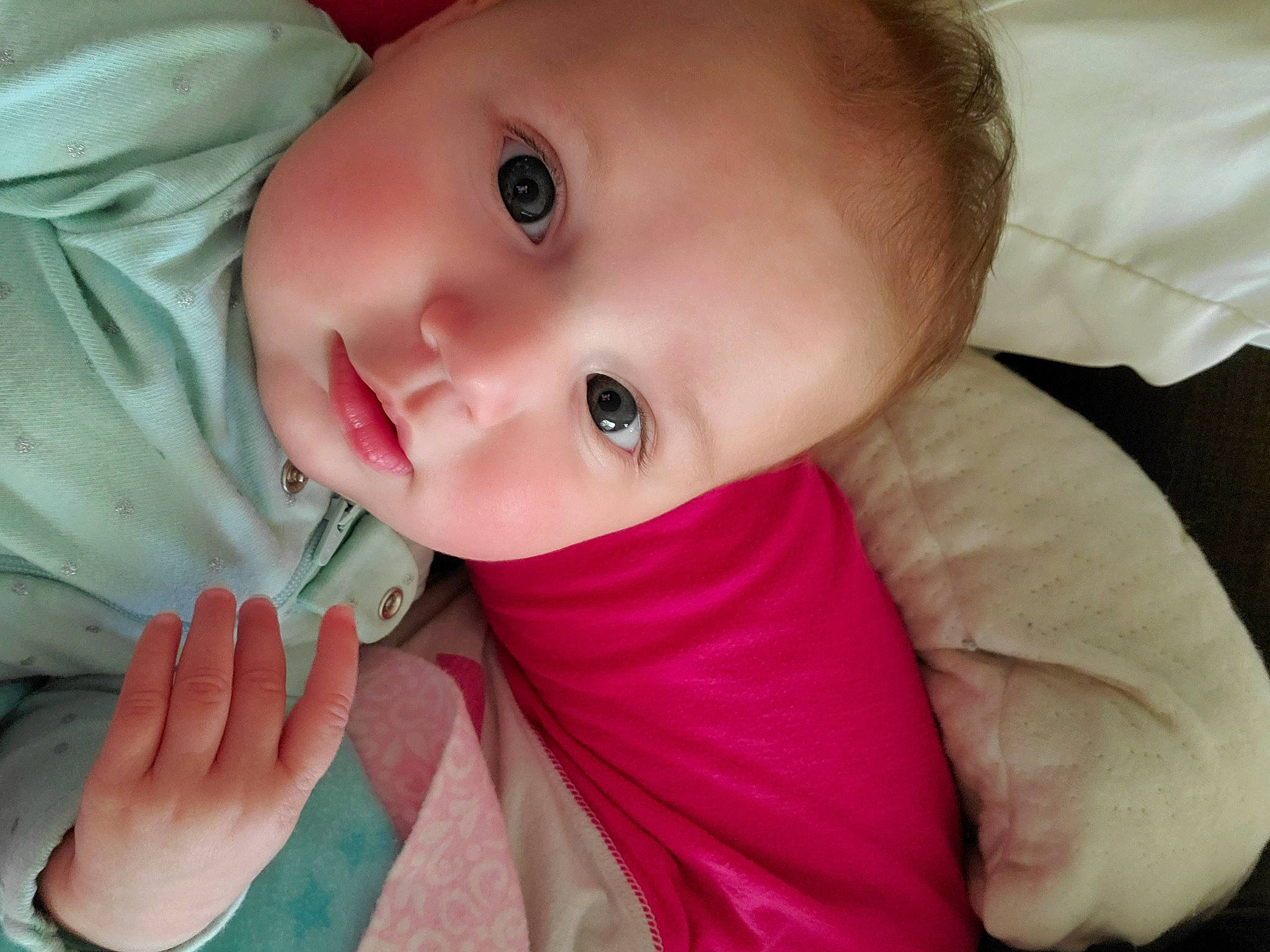 Olive joined the competition — help win amazing prizes! baby, baby_toddler_clothing, cheek, ear, eye, eyebrow, eyelash, face, finger, gesture, hairstyle, hand, human_body, iris, lip, mouth, nose, person, pink, skin