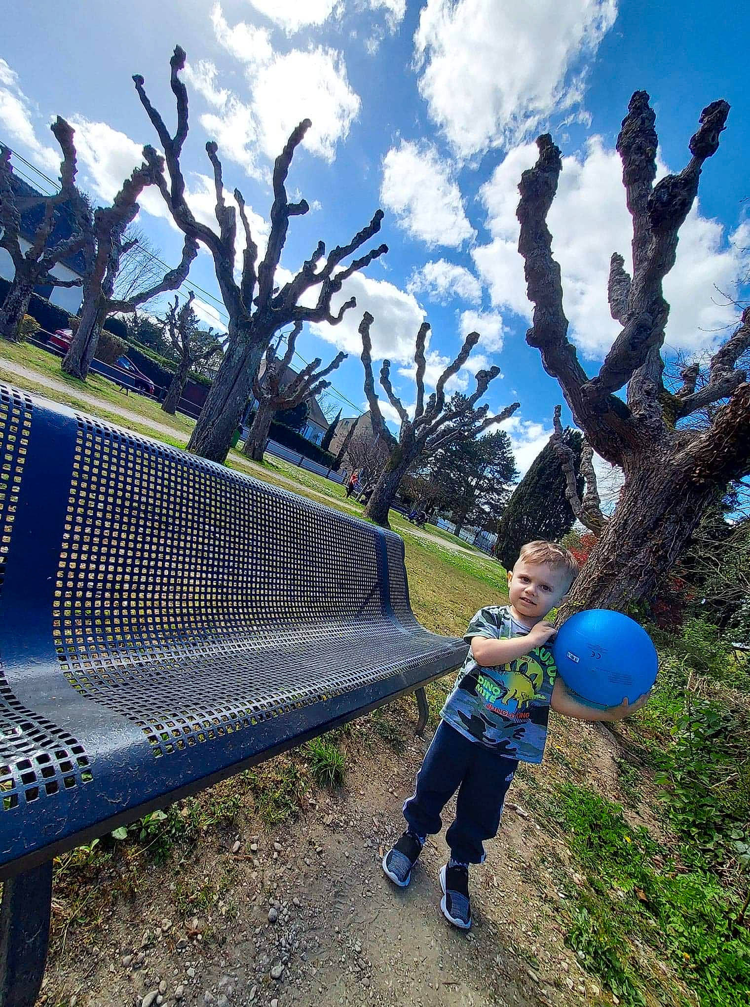 Kévin participe au concours pour gagner de l'argent avec cette photo : azure, blue, cloud, fence, grass, green, happy, landscape, leg, leisure, morning, people_in_nature, person, plant, sky, sunlight, tints_and_shades, toddler, tree, wood
