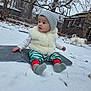 child, baby, infant, toddler, snow, winter, beanie, fur_vest, striped_pants, socks, mat, sitting, surprised, expressive_face, outdoor, backyard, tree, house, fence, dog