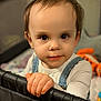 Savannah is registered to the contest to win money with this photo: toddler, child, face, hands, denim_overalls, white_shirt, playpen, indoor, curious, big_eyes, messy_face, baby, young_child, portrait, looking_at_camera, closeup, skin, hair, expression, toy