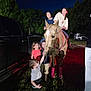 child, children, horse, animal, night, outdoor, grass, tree, vehicle, truck, petting, group, people, pink_leg_wraps, casual_clothing, fun, interaction, playful, friendship, evening