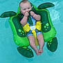 baby, child, pool, water, inflatable, float, turtle, swimming, summer, outdoor, cute, playful, sitting, blue, green, happy, infant, safety, fun, vacation