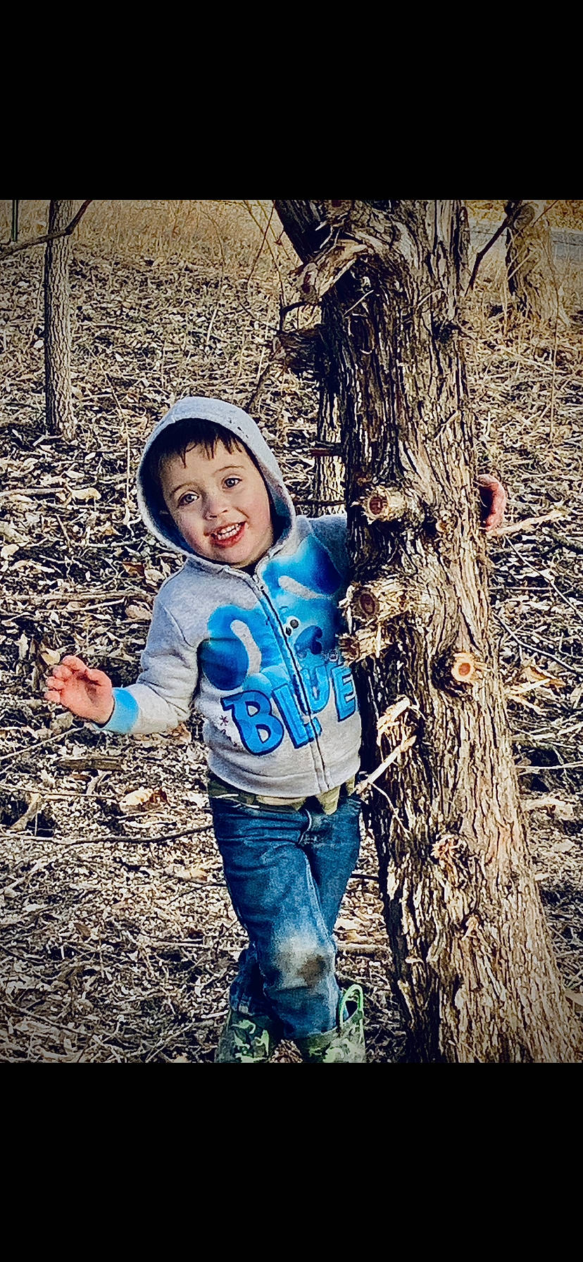 Daxton joined the competition — help win amazing prizes! branch, child, cool, denim, electric_blue, flash_photography, fun, grass, happy, jeans, joy, leaf, people_in_nature, person, sitting, smile, soil, tints_and_shades, toddler, trunk