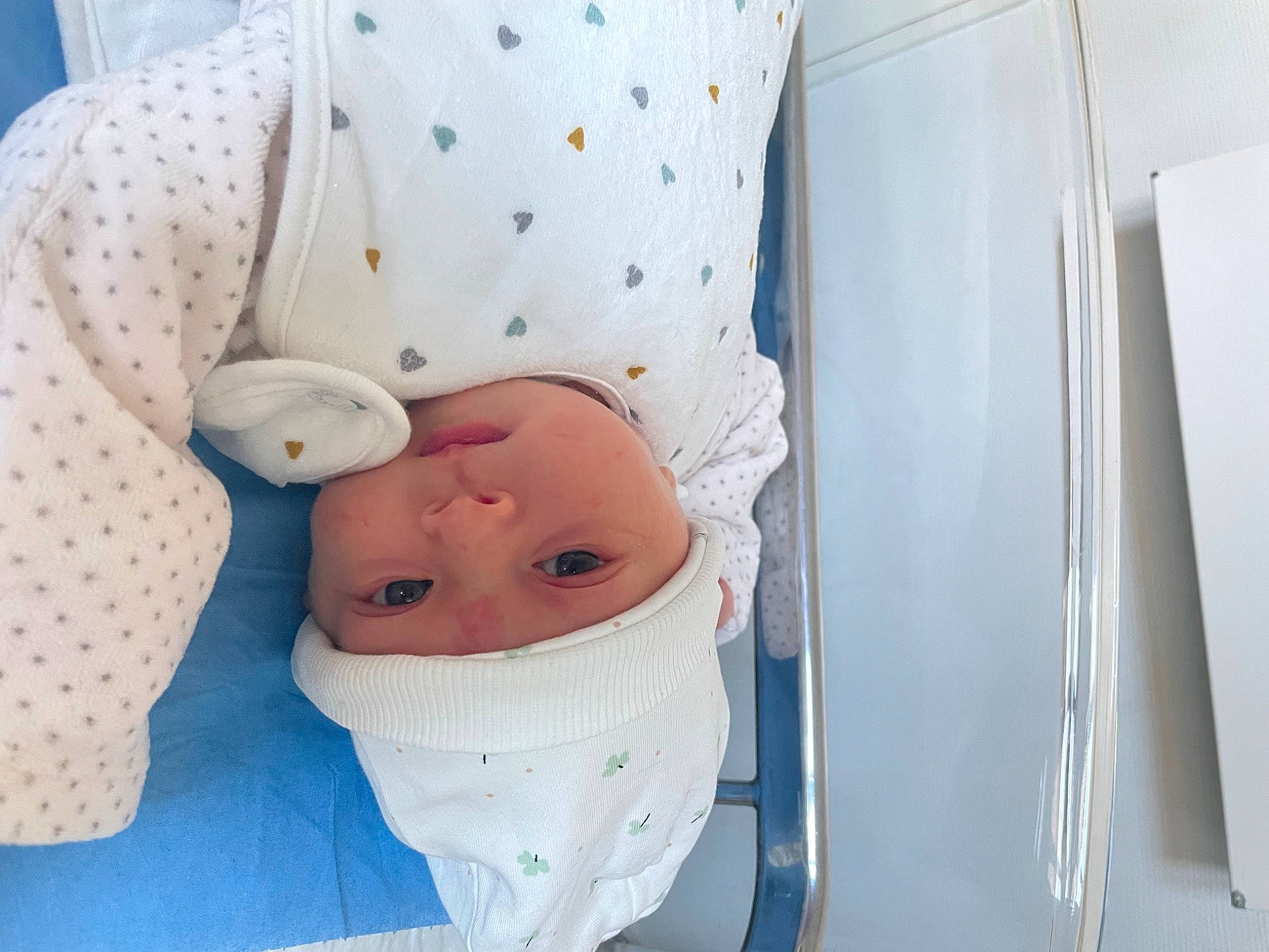 Lily a rejoint le concours — aidez-le/la à gagner de superbes lots ! baby, baby_products, baby_safety, baby_toddler_clothing, child, comfort, dress_shirt, electric_blue, headwear, linens, pattern, person, room, sleeve, toddler, vehicle_door, white