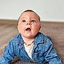 Capucine a rejoint le concours — aidez-le/la à gagner de superbes lots ! baby, child, denim_jacket, blue_eyes, drool, curious, portrait, indoor, soft_background, crawling, clothing, necklace, casual_wear, infant, cute, person, face, expression, long_sleeves, floor