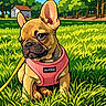 big_ears, cartoon, clouds, cottage, cute, dog, french_bulldog, grass, greenery, harness, illustration, leash, mushrooms, outdoor, park, portrait, puppy, sky, sunny, trees