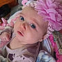 Joyce a rejoint le concours — aidez-le/la à gagner de superbes lots ! baby, blanket, blue_blanket, bouncer, close_up, eyes, face, flower_accessory, hand, headband, indoor, infant, onesie, pink, pink_flower, portrait, skin, soft_fabric, toy, wooden_table