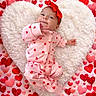 baby, infant, heart_shape, red_bow, pink_onesie, hearts_pattern, fluffy_cushion, cute, adorable, lying_down, background_hearts, love_theme, soft_texture, newborn, portrait, child, smiling, holiday_theme, valentines, cozy