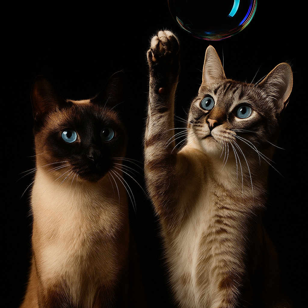 Levi And Tommy is registered to the contest to win money with this photo: animal, blue_eyes, bubble, cat, cats, closeup, curious, cute, dark_background, feline, indoor, mystical, paw, pets, playful, portrait, siamese, soft_light, tabby, whiskers
