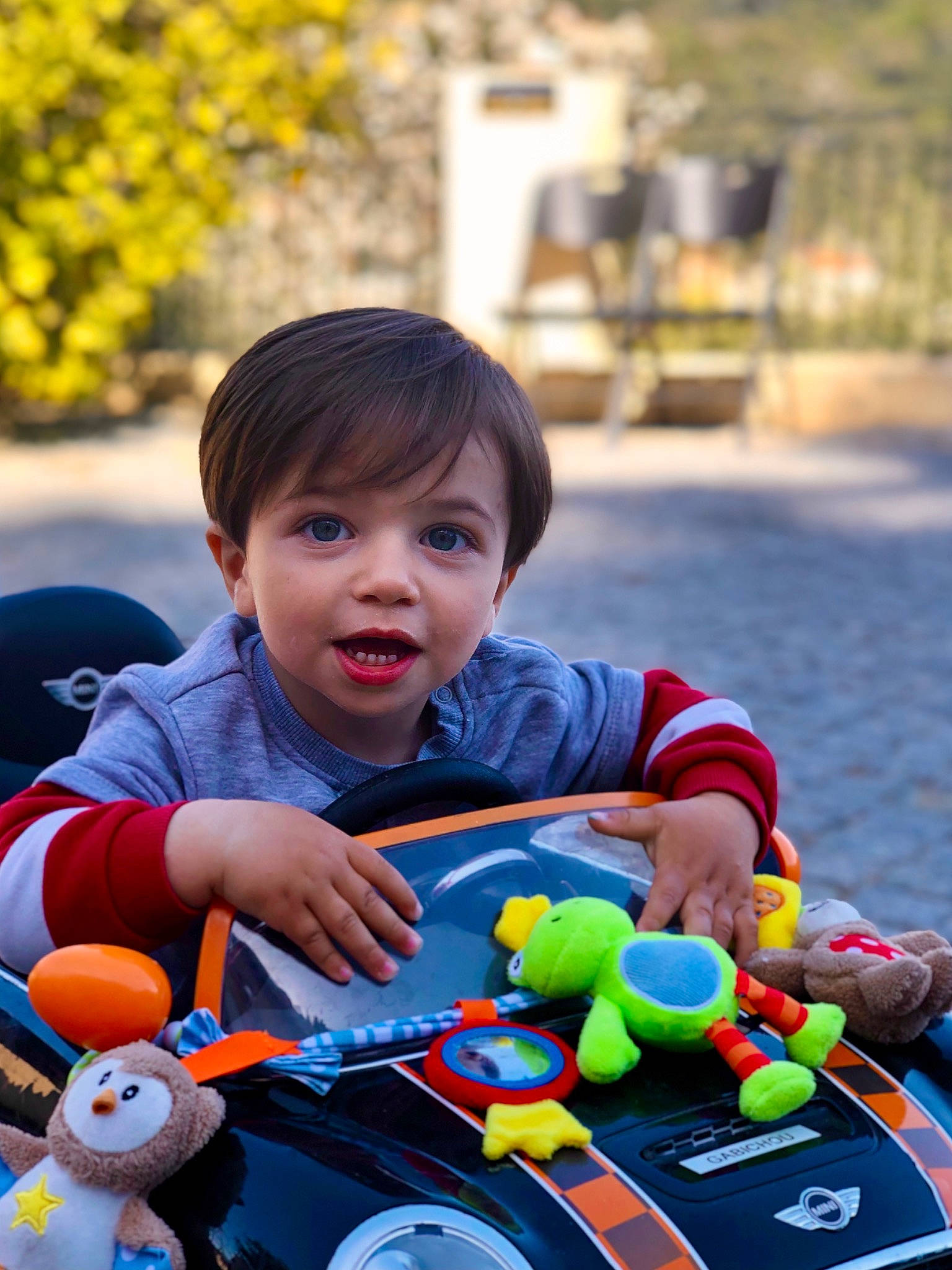 Gabriel participe au concours pour gagner de l'argent avec cette photo : baby, baby_playing_with_toys, child, facial_expression, fun, grass, happy, leisure, person, photograph, public_space, recreation, sitting, smile, snapshot, toddler, toy, travel, tree, wheel