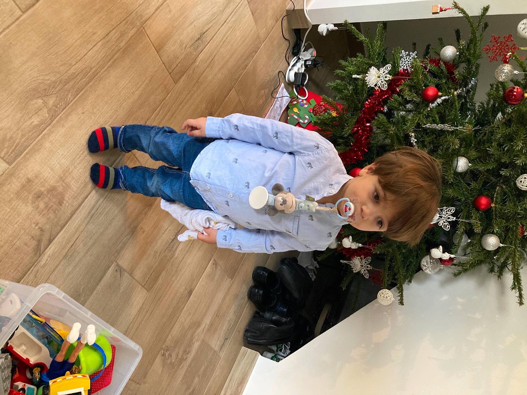 Gabriel a rejoint le concours — aidez-le/la à gagner de superbes lots ! christmas_ornament, christmas_tree, conifer, event, flooring, fun, hardwood, holiday, holiday_ornament, lap, leisure, ornament, person, plant, red, room, sitting, smile, toddler, tree