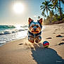 animal, ball, beach, coast, dog, fun, happy, jumping, nature, outdoor, palm_trees, pet, playful, running, sand, shore, summer, sunlight, sunshine, waves