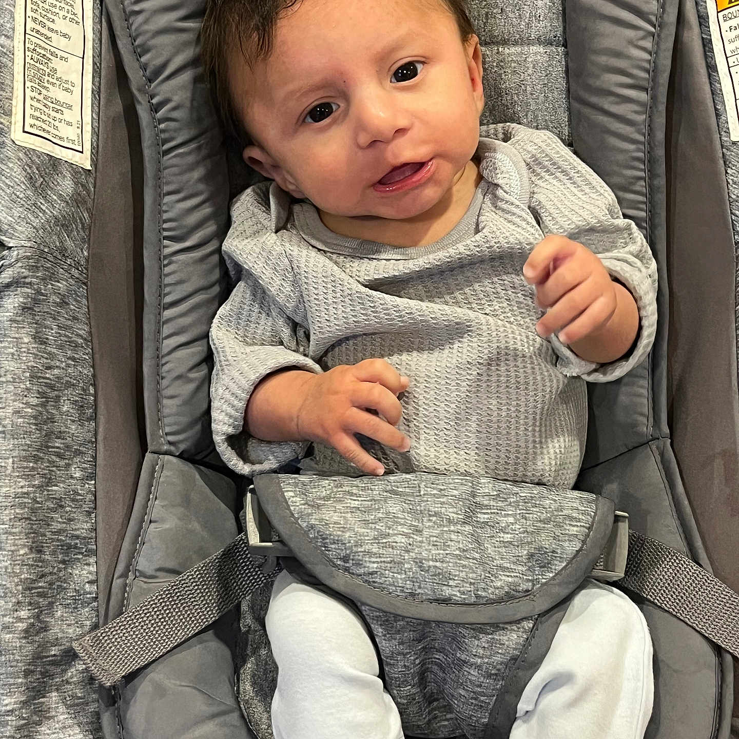 Jaxson joined the competition — help win amazing prizes! baby, bodypart, clothing, coat, cushion, face, finger, furniture, hand, head, homedecor, knitwear, pants, person, photography, portrait, sweater, t_shirt, transportation, vehicle