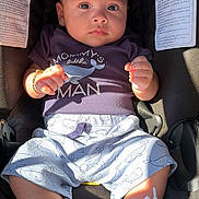 Noah is registered to the contest to win money with this photo: baby, infant, child, car_seat, onesie, baby_shoes, bracelet, face, eyes, hands, legs, sunlight, shadow, portrait, clothing, whale_pattern, safety_warning_label, carseat_harness, fabric, closeup