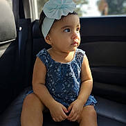 Mia joined the competition — help win amazing prizes! child, toddler, baby, portrait, sitting, car, car_interior, backseat, seat, bow, headband, dress, floral_pattern, face, eyes, looking_away, sunlight, indoors, vehicle, photography